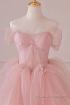 Off Shoulder Beading Pink Tulle Princess Formal Prom Dress