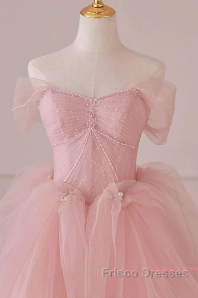 Off Shoulder Beading Pink Tulle Princess Formal Prom Dress