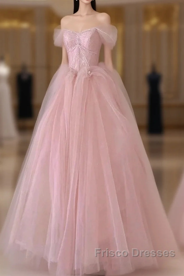 Off Shoulder Beading Pink Tulle Princess Formal Prom Dress Main image