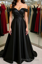 Off Shoulder Black Satin Long Formal Prom Dresses, Long Black Formal Graduation Evening Dresses