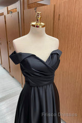 Off Shoulder Black Satin Long Formal Prom Dresses, Long Black Formal Graduation Evening Dresses