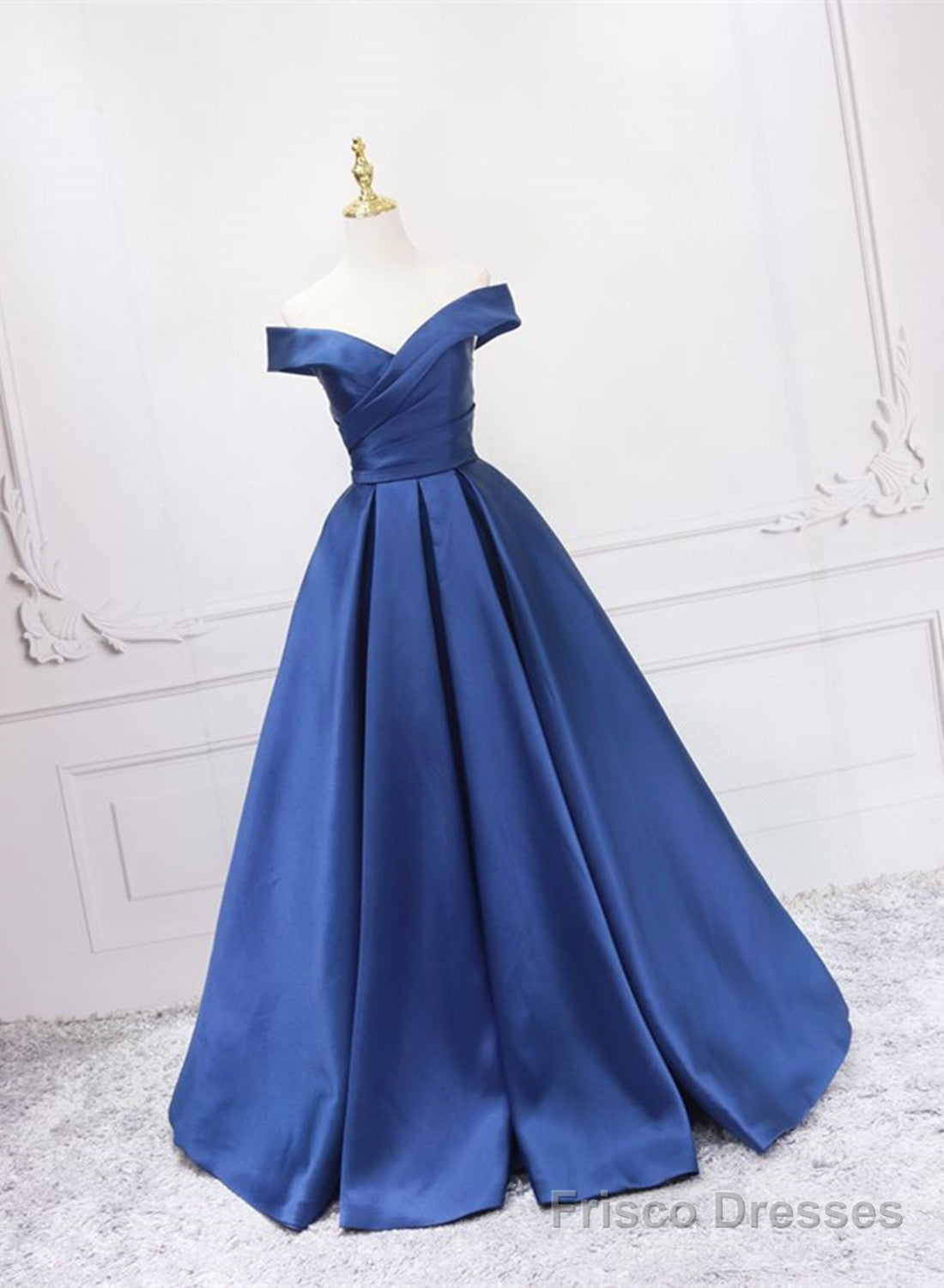 Off Shoulder Blue Satin A-line Floor Length Prom Dress, Blue Simple Formal Dress Main image
