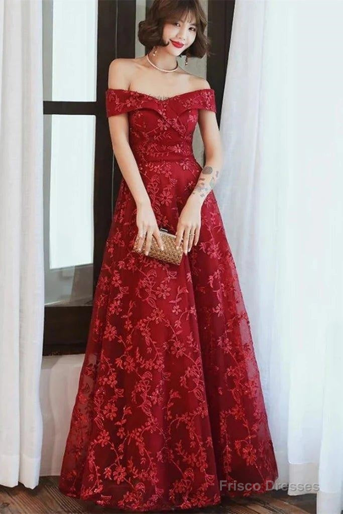 Off Shoulder Burgundy Lace Appliques Long Prom Dress, Off Shoulder Burgundy Formal Dress, Burgundy Lace Evening Dress Main image