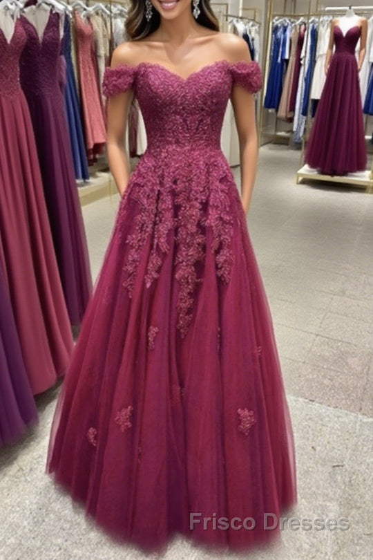 Off Shoulder Burgundy Lace Formal Prom Dresses, Off the Shoulder Burgundy Formal Dresses, Burgundy Lace Evening Dresses