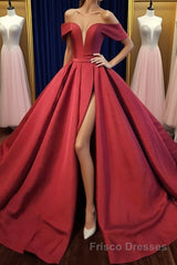 Off Shoulder Burgundy Satin Long Formal Prom Dresses, V Neck Burgundy Formal Evening Dresses, Burgundy Ball Gown