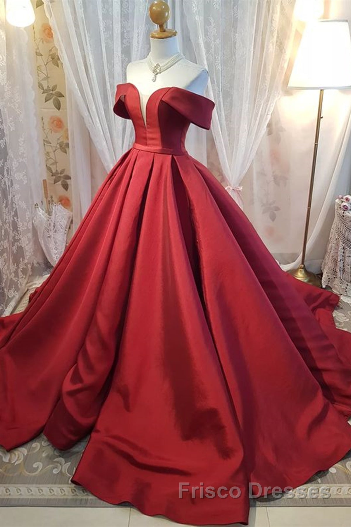 Off Shoulder Burgundy Satin Long Formal Prom Dresses, V Neck Burgundy Formal Evening Dresses, Burgundy Ball Gown