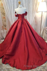 Off Shoulder Burgundy Satin Long Formal Prom Dresses, V Neck Burgundy Formal Evening Dresses, Burgundy Ball Gown