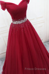 Off Shoulder Burgundy Tulle Long Formal Prom Dresses with Sequins, Burgundy Tulle Formal Evening Dresses