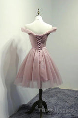 Off Shoulder Dusty Pink Tulle Short Formal Prom Homecoming Dresses, Short Pink Formal Graduation Evening Dresses