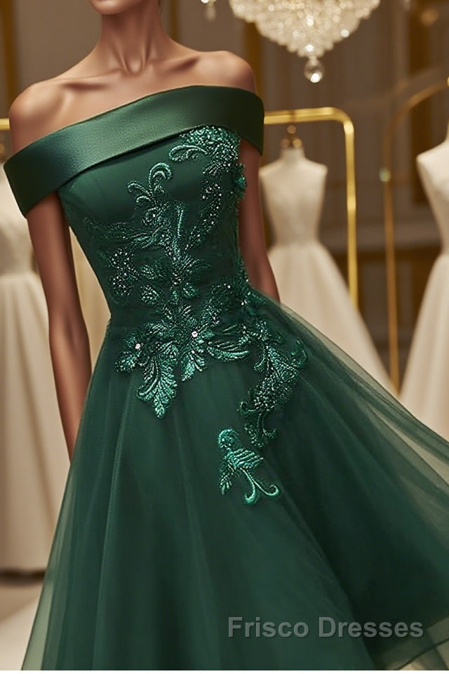 Off Shoulder Green Lace Floral Formal Prom Dresses, Short Green Lace Homecoming Dresses, Green Formal Evening Dresses
