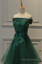 Off Shoulder Green Lace Floral Formal Prom Dresses, Short Green Lace Homecoming Dresses, Green Formal Evening Dresses