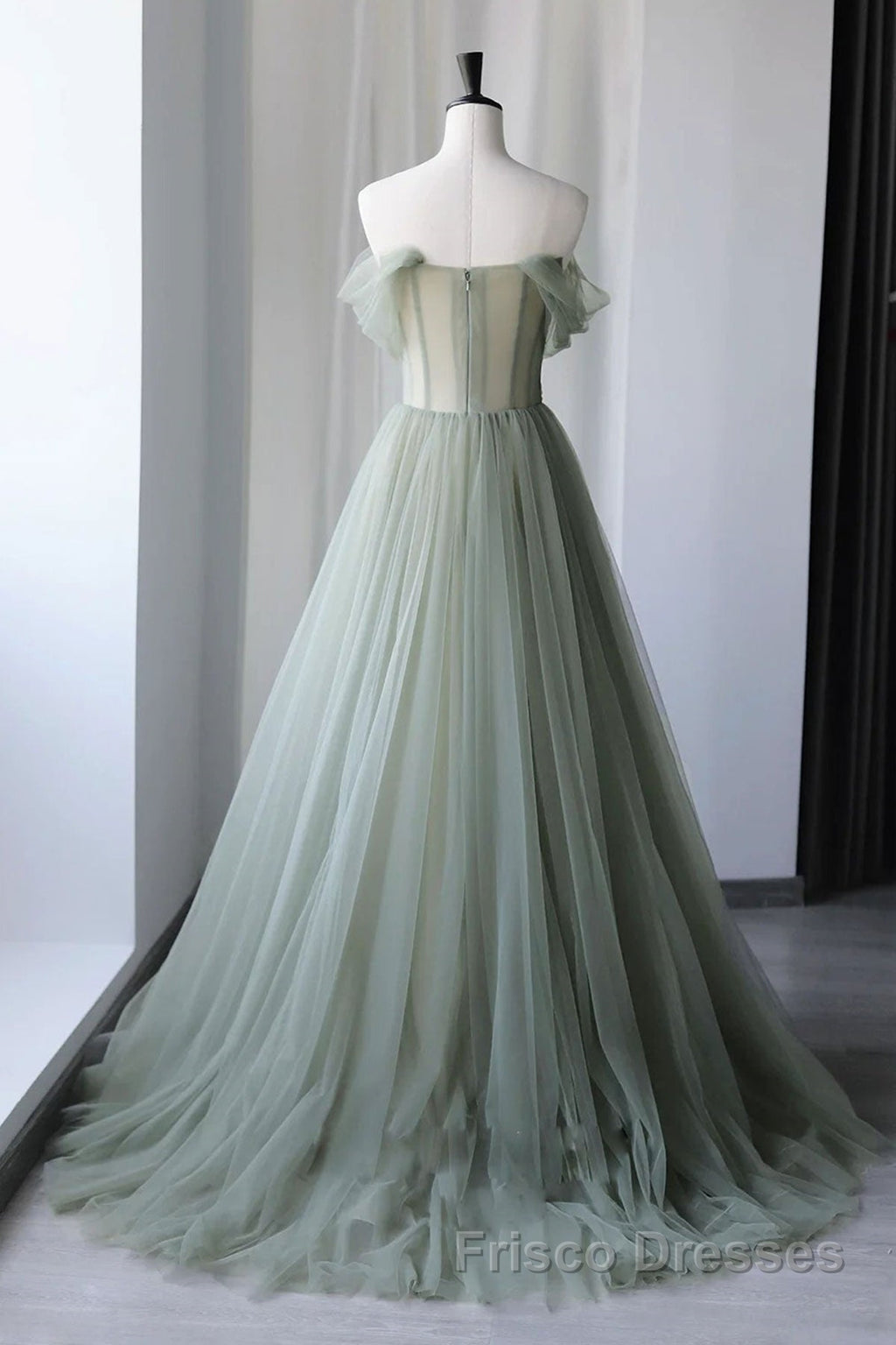 Off Shoulder Green Tulle Floral Long Formal Prom Dresses, Off the Shoulder Green Formal Evening Dresses with 3D Flowers