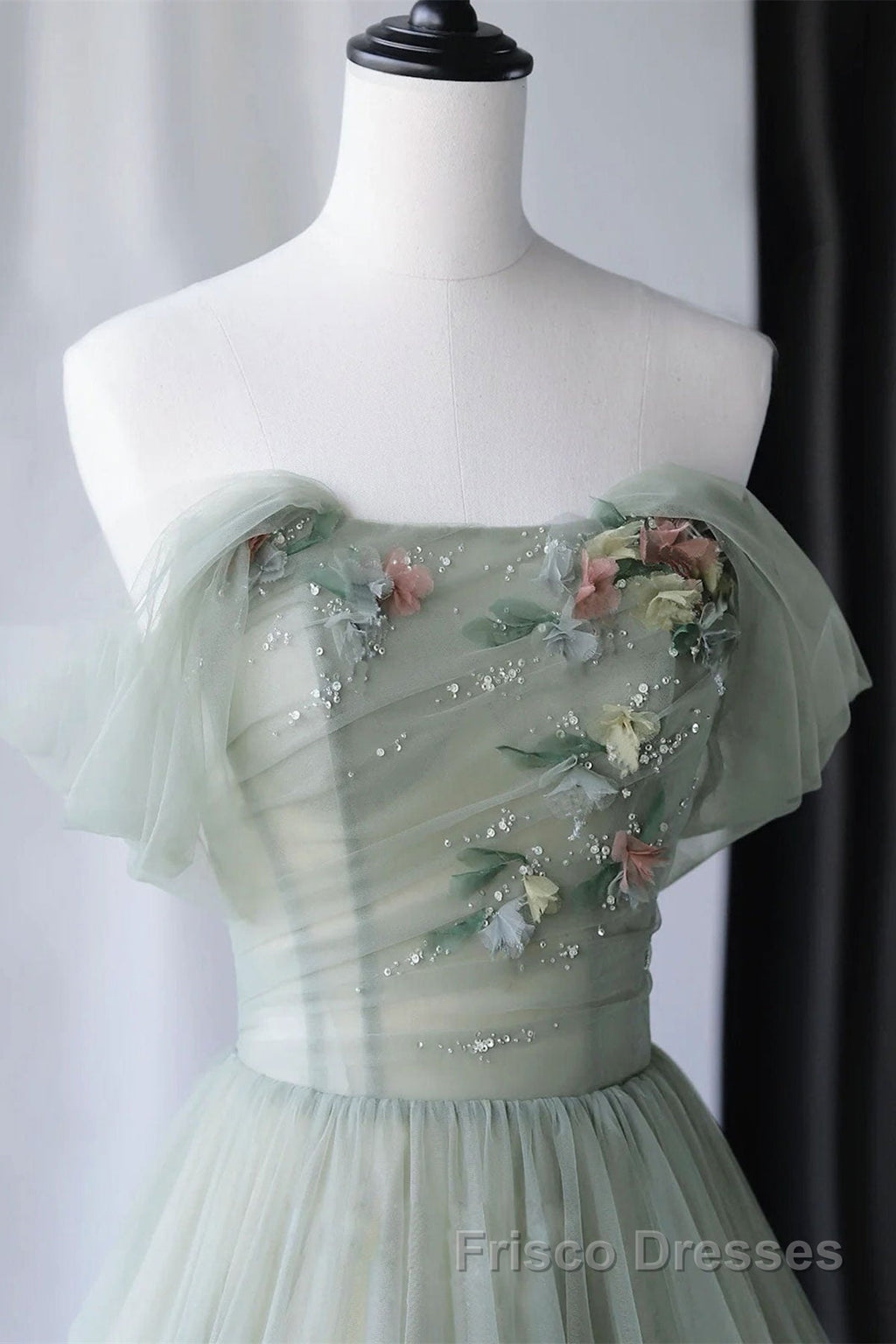 Off Shoulder Green Tulle Floral Long Formal Prom Dresses, Off the Shoulder Green Formal Evening Dresses with 3D Flowers