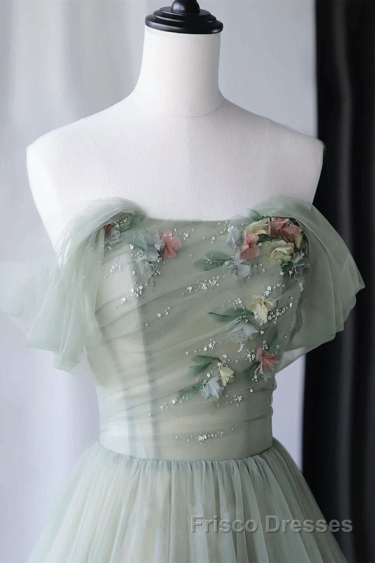 Off Shoulder Green Tulle Floral Long Formal Prom Dresses, Off the Shoulder Green Formal Evening Dresses with 3D Flowers