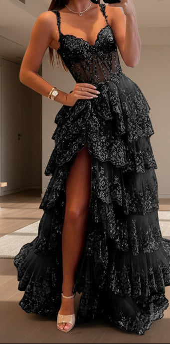 Off Shoulder Layered Navy Blue Lace Long Prom Dress With Split, Off The Shoulder Navy Blue Formal Dress