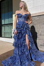 Off Shoulder Layered Navy Blue Lace Long Prom Dress With Split, Off The Shoulder Navy Blue Formal Dress
