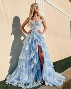 Off Shoulder Layered Navy Blue Lace Long Prom Dress With Split, Off The Shoulder Navy Blue Formal Dress