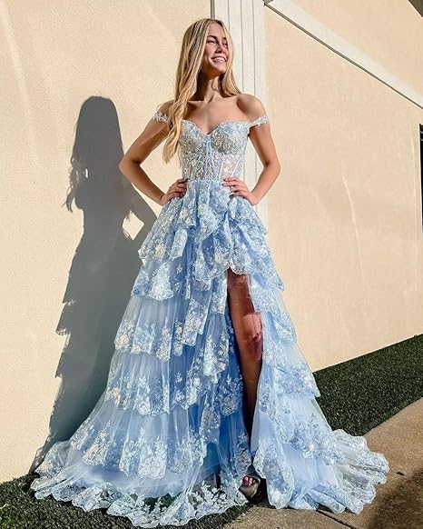 Off Shoulder Layered Navy Blue Lace Long Prom Dress With Split, Off The Shoulder Navy Blue Formal Dress
