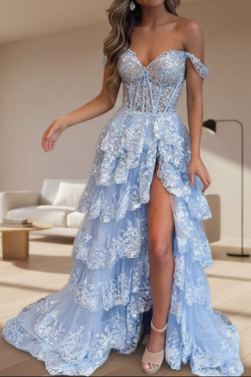 Off Shoulder Layered Navy Blue Lace Long Prom Dress With Split, Off Th ...