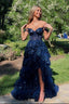 Off Shoulder Layered Navy Blue Lace Long Prom Dress With Split, Off The Shoulder Navy Blue Formal Dress