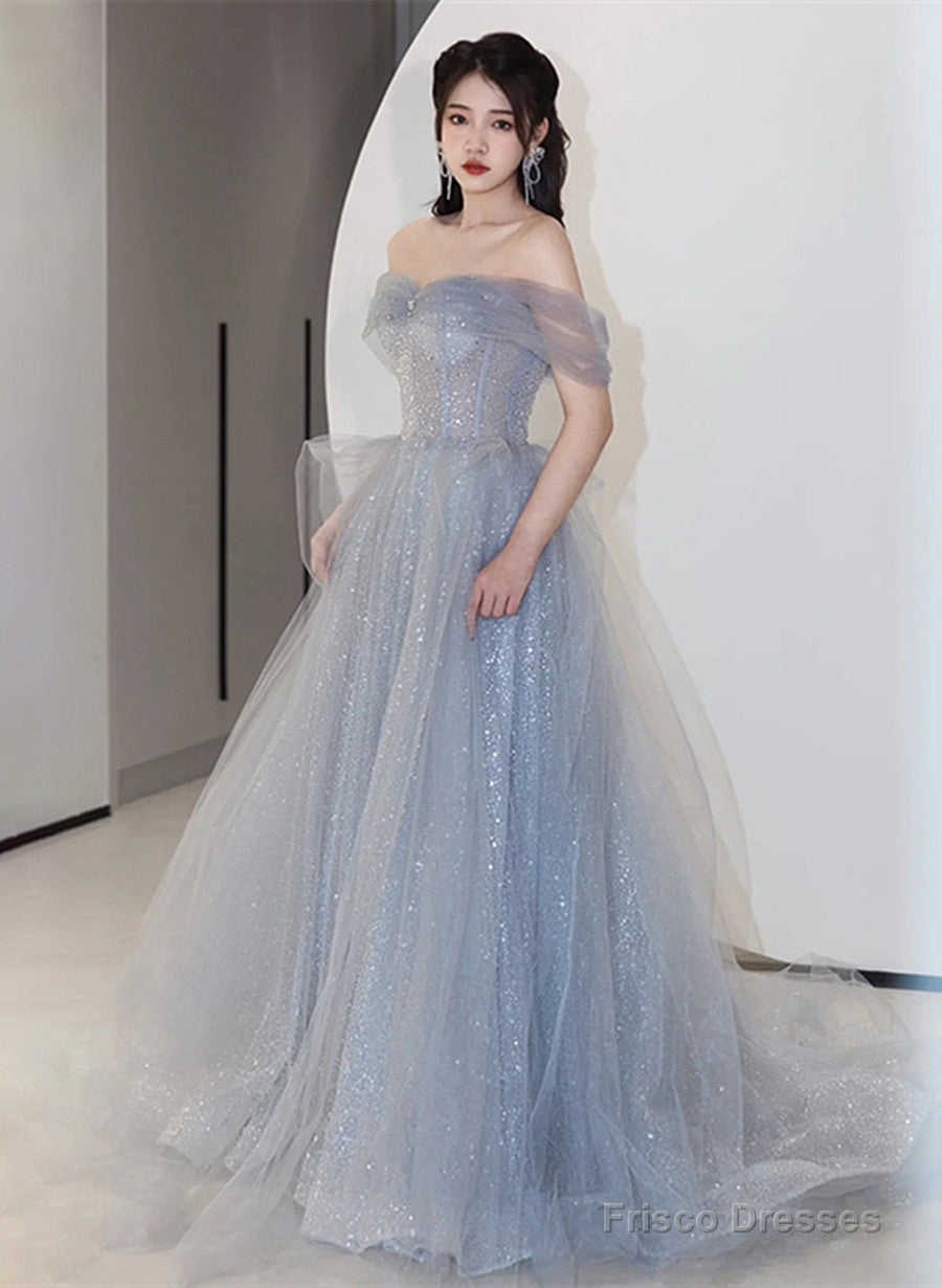 Off Shoulder Light Blue Tulle Long Party Dress, Shiny Tulle A-Line Prom Dress Secondary image