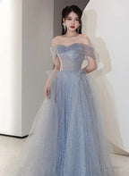 Off Shoulder Light Blue Tulle Long Party Dress, Shiny Tulle A-Line Prom Dress