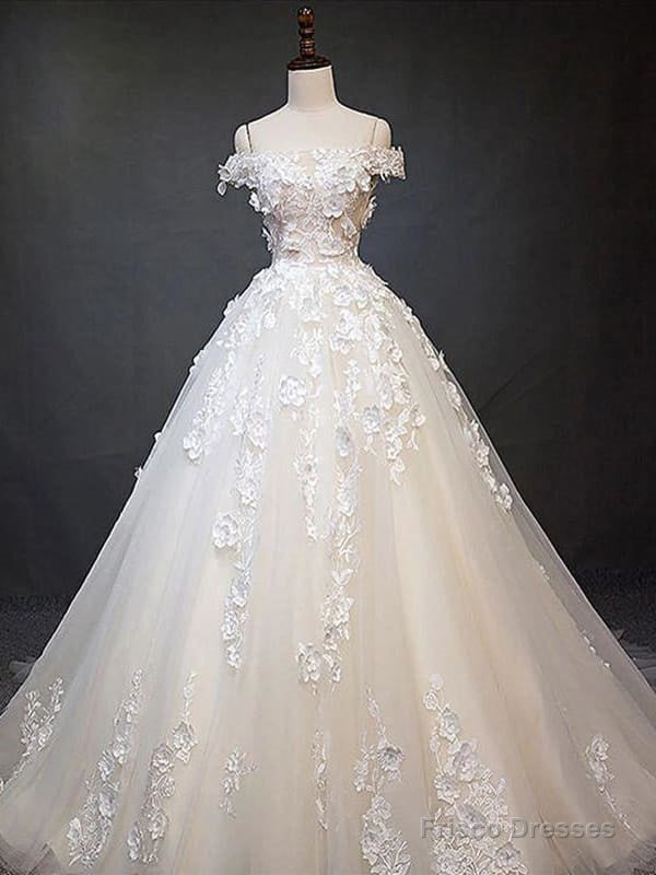 Off Shoulder Light Champagne Lace Aline Ball Gown Wedding Dresses Main image