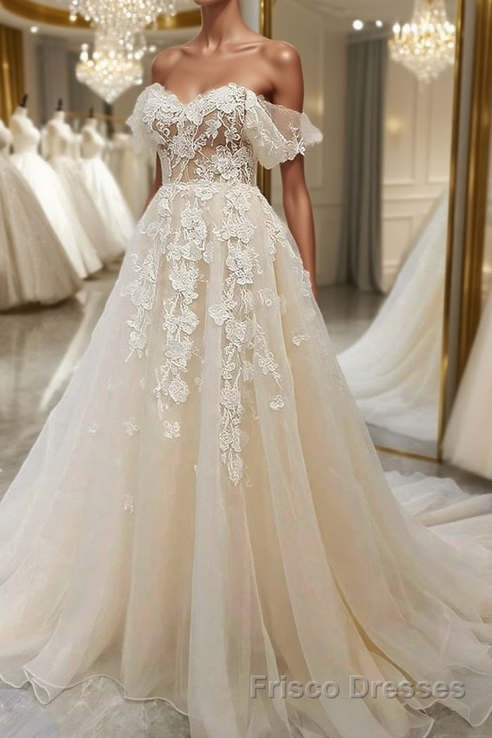 Off Shoulder Light Champagne Tulle Lace Long Formal Prom Dresses, Light Champagne Lace Formal Evening Dresses Main image