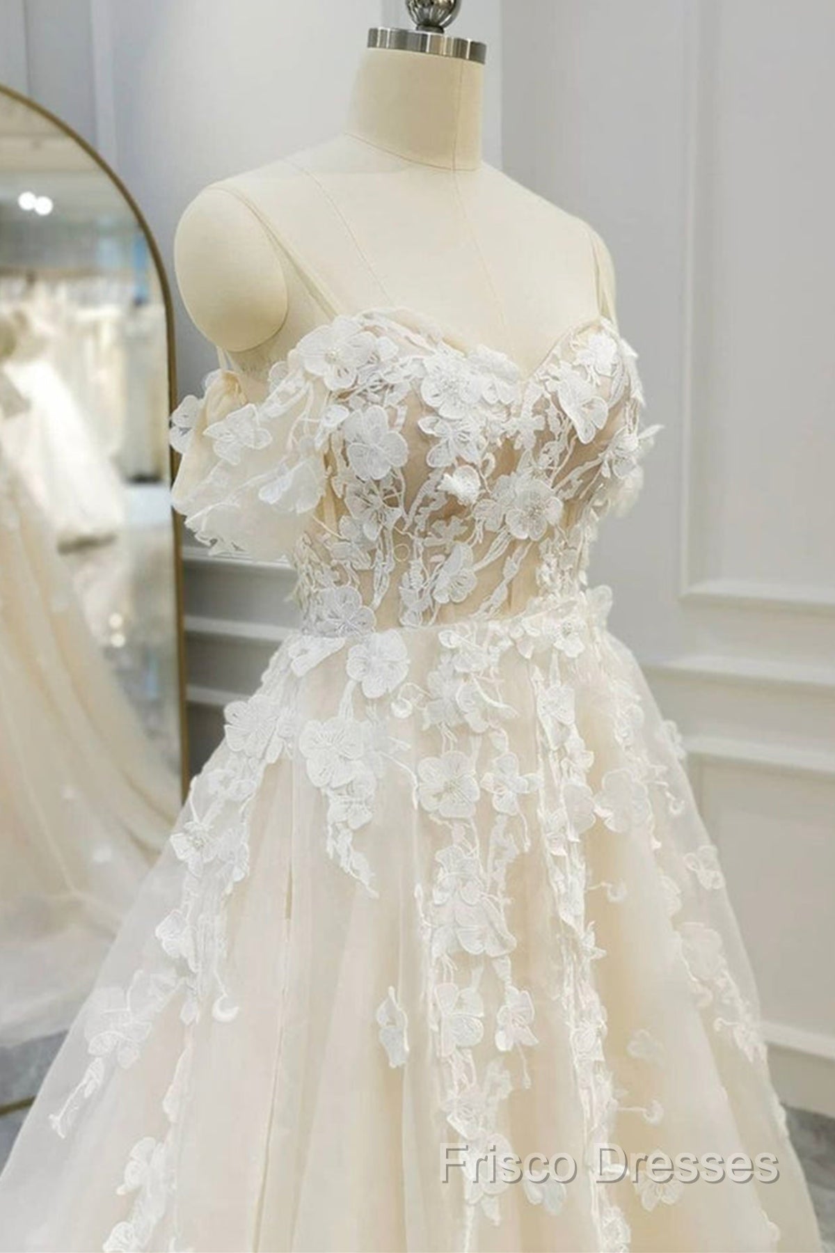 Off Shoulder Light Champagne Tulle Lace Long Formal Prom Dress, Light Champagne Lace Formal Dress A1583 Secondary image