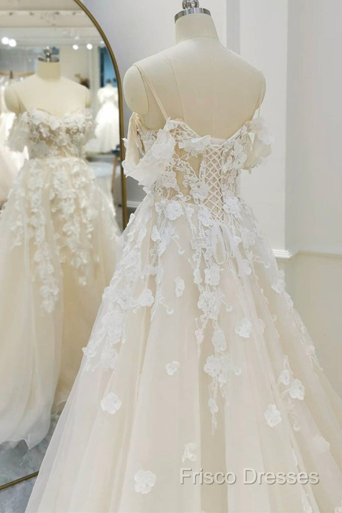 Off Shoulder Light Champagne Tulle Lace Long Formal Prom Dress, Light Champagne Lace Formal Dress A1583