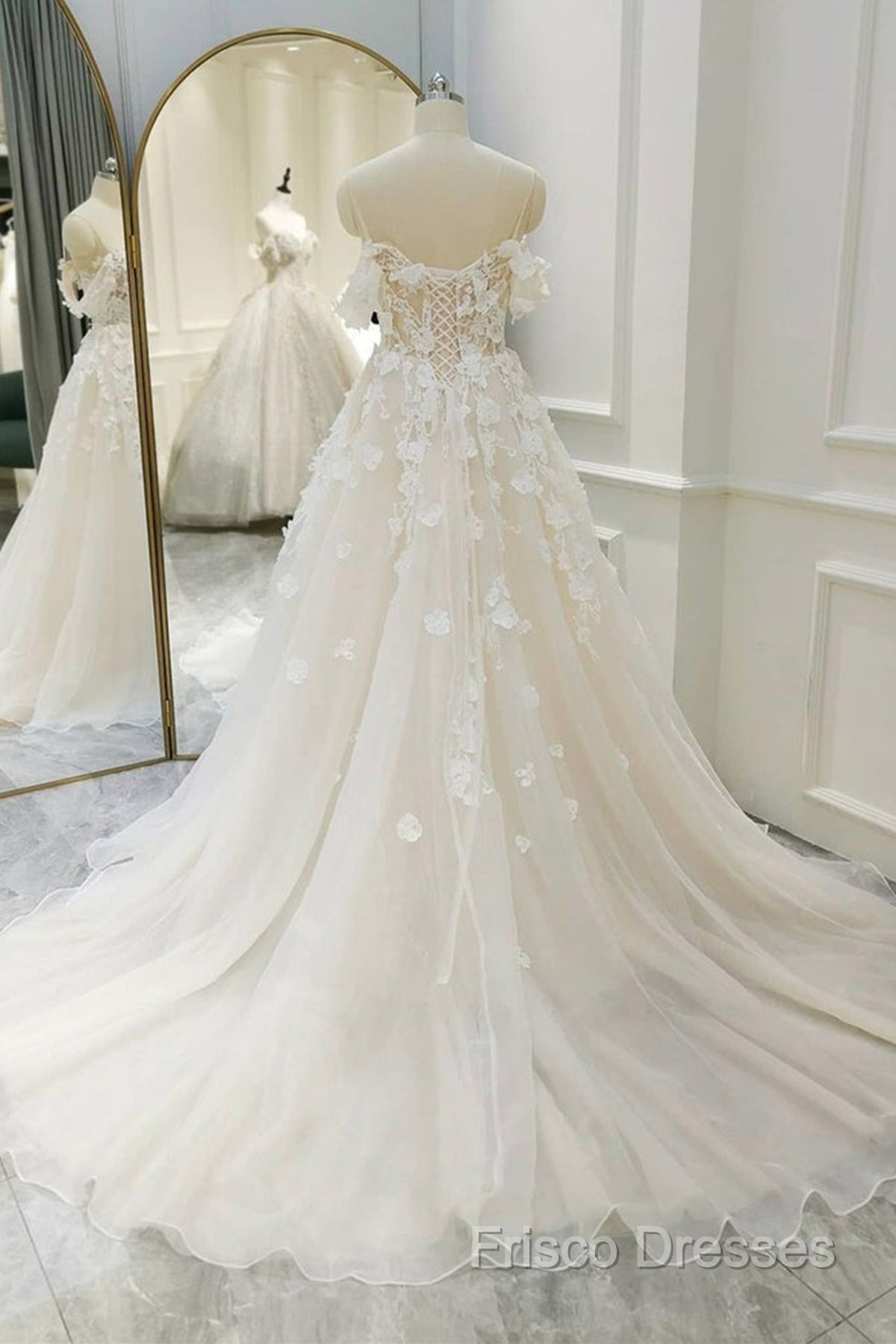 Off Shoulder Light Champagne Tulle Lace Long Formal Prom Dress, Light Champagne Lace Formal Dress A1583