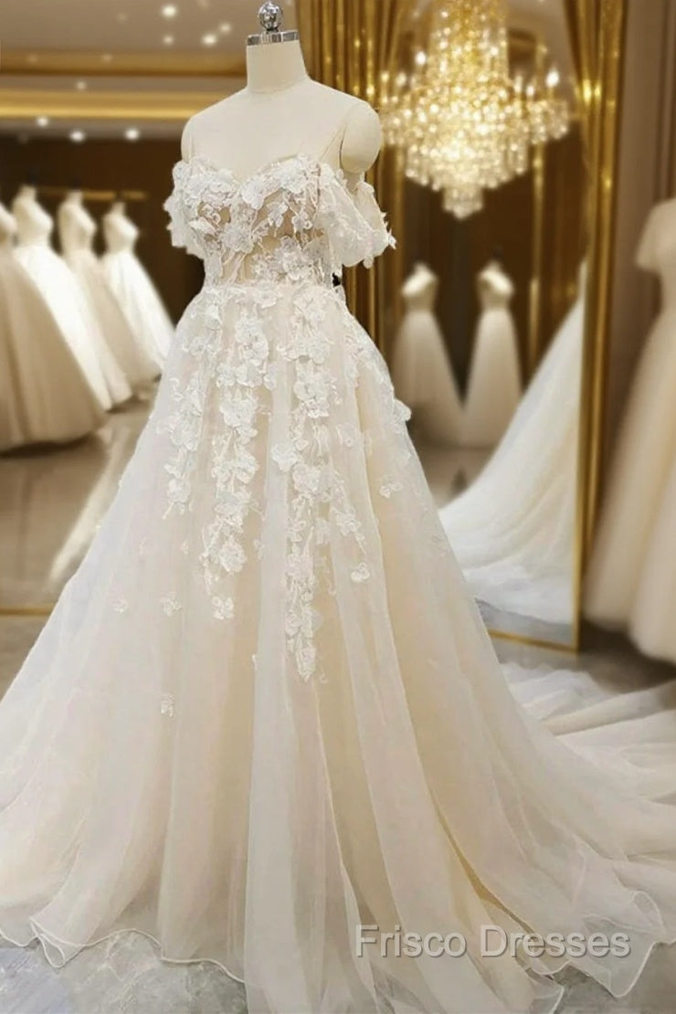 Off Shoulder Light Champagne Tulle Lace Long Formal Prom Dress, Light Champagne Lace Formal Dress A1583 Main image