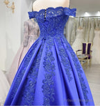 Off Shoulder Long Satin Evening Dresses Lace Embroidery