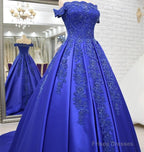 Off Shoulder Long Satin Evening Dresses Lace Embroidery