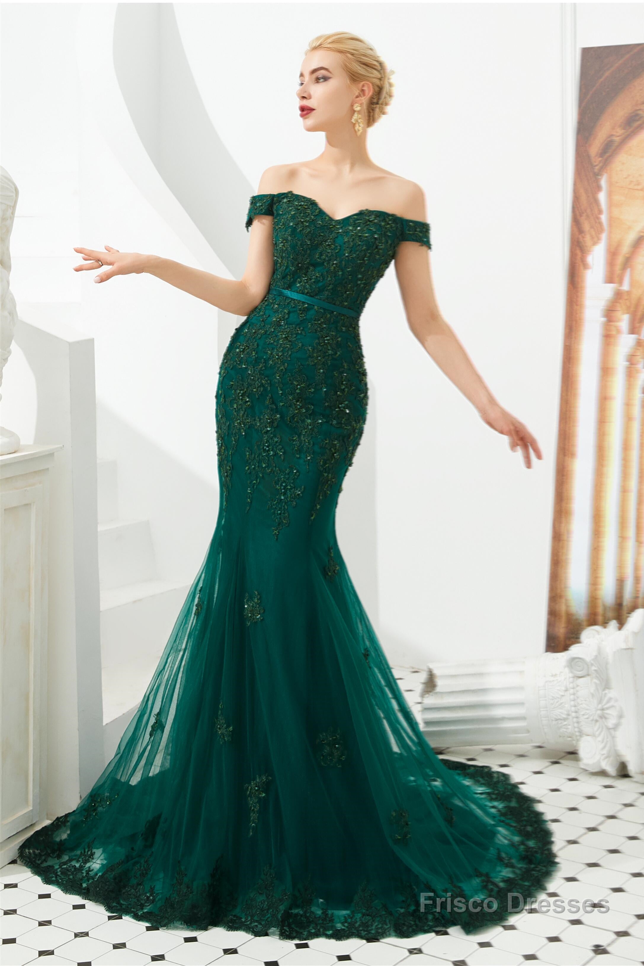 Off Shoulder Mermaid Dark Green Formal Evening Dresses with Lace Main image