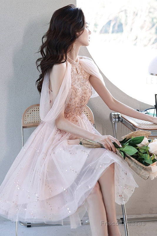 Off Shoulder Pink High Low Tulle With Beaded Homecoming Dress, Pink High Low Prom Dress Graduation Dress Secondary image