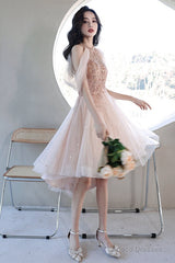 Off Shoulder Pink High Low Tulle With Beaded Homecoming Dress, Pink High Low Prom Dress Graduation Dress