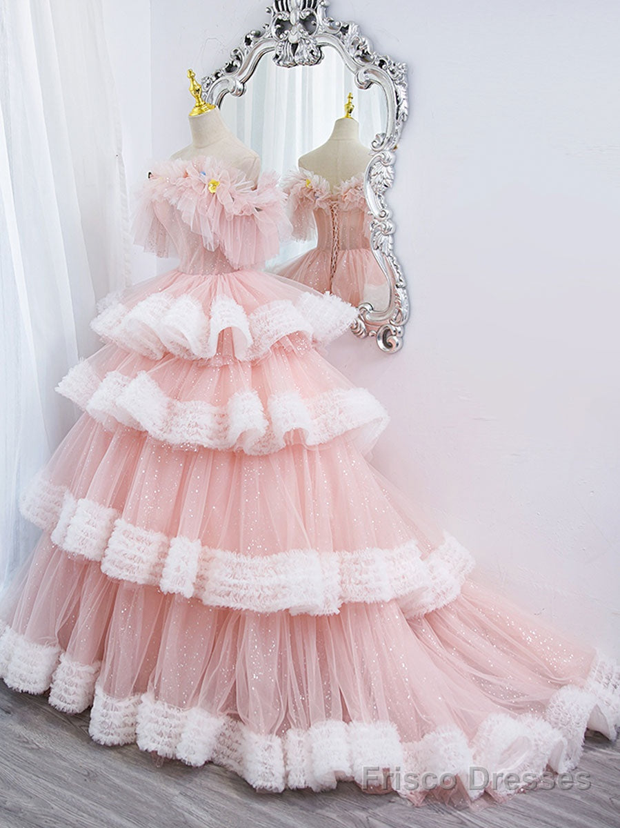 Off Shoulder Pink Long Prom Dresses, Ball Gown Pink Sweet 16 Dresses Main image