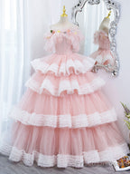 Off Shoulder Pink Long Prom Dresses, Ball Gown Pink Sweet 16 Dresses