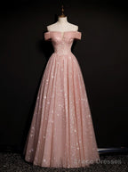 Off Shoulder Pink Tulle Long A-line Prom Dress with Beadings, Pink Long Party Dress Evening Dress