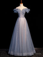 Off Shoulder Puffy Sleeves Beaded Party Dress Prom Dress, Blue Evening Gown