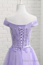 Off Shoulder Purple Lace Short Formal Prom Dresses, Lilac Lace Homecoming Dresses, Short Purple Formal Evening Dresses
