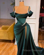 Off Shoulder Satin Green Slit Beading Mermaid Formal Prom Dress