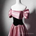 Off Shoulder Satin Scoop A-Line Long Party Dress, Pink And Black Formal Prom Dress Formal Dress