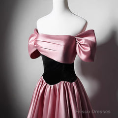 Off Shoulder Satin Scoop A-Line Long Party Dress, Pink And Black Prom Dress Evening Dress