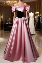 Off Shoulder Satin Scoop A-Line Long Party Dress, Pink And Black Formal Prom Dress Formal Dress