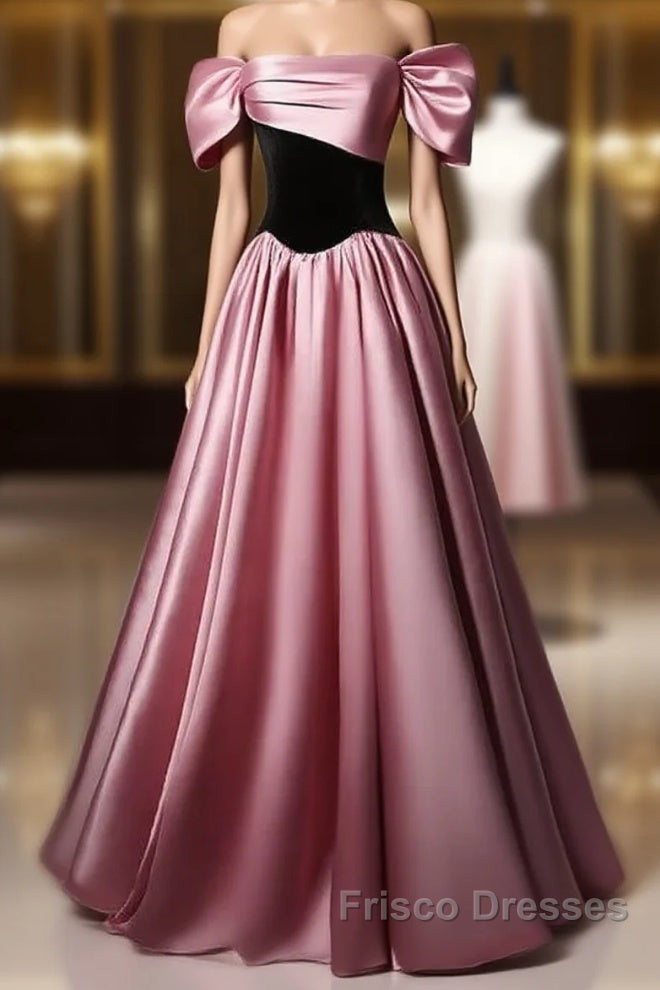 Off Shoulder Satin Scoop A-Line Long Party Dress Formal Prom Dress Evening Dress Main image