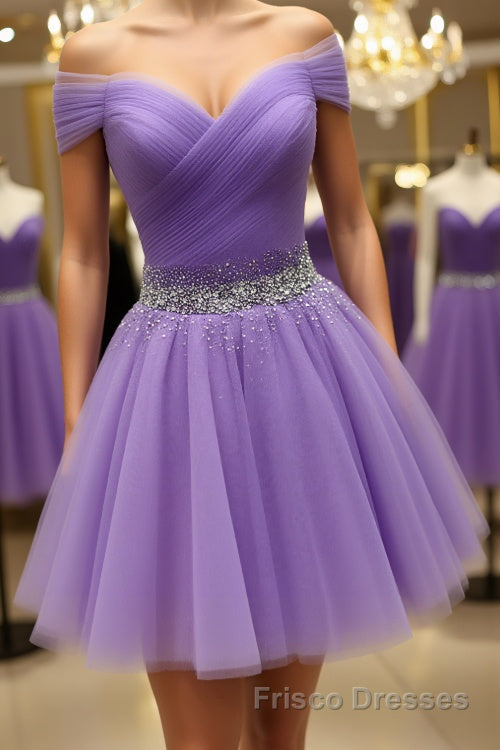 Off Shoulder Sequins Purple Short Formal Prom Dresses, Off the Shoulder Purple Homecoming Dresses, Short Purple Formal Evening Dresses Main image