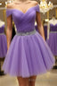 Off Shoulder Sequins Purple Short Formal Prom Dresses, Off the Shoulder Purple Homecoming Dresses, Short Purple Formal Evening Dresses