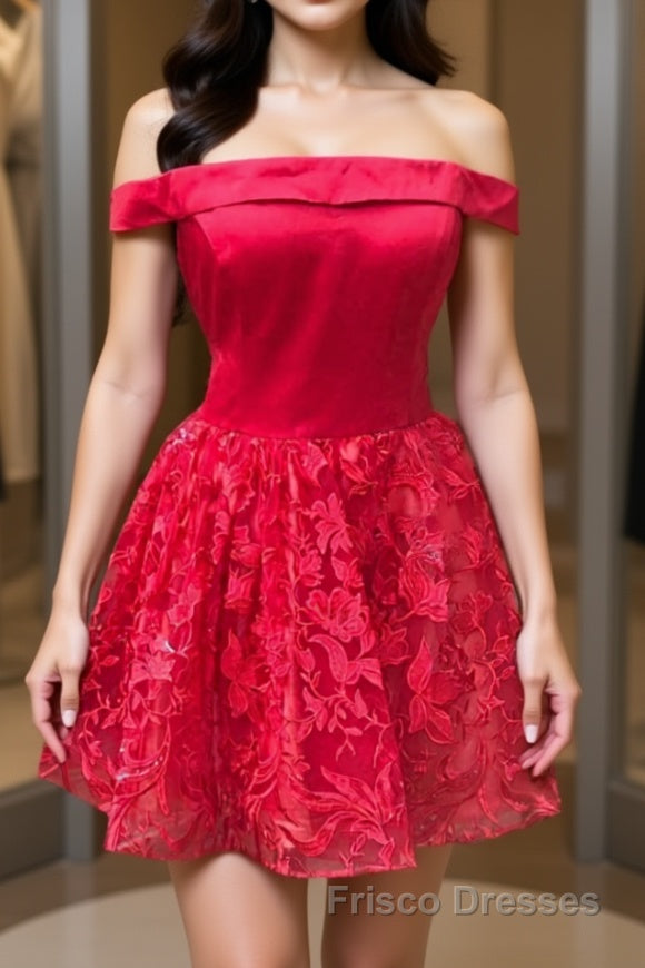 Off Shoulder Short Red Lace Formal Prom Dresses, Off Shoulder Red Lace Formal Graduation Dresses, Red Lace Homecoming Dresses